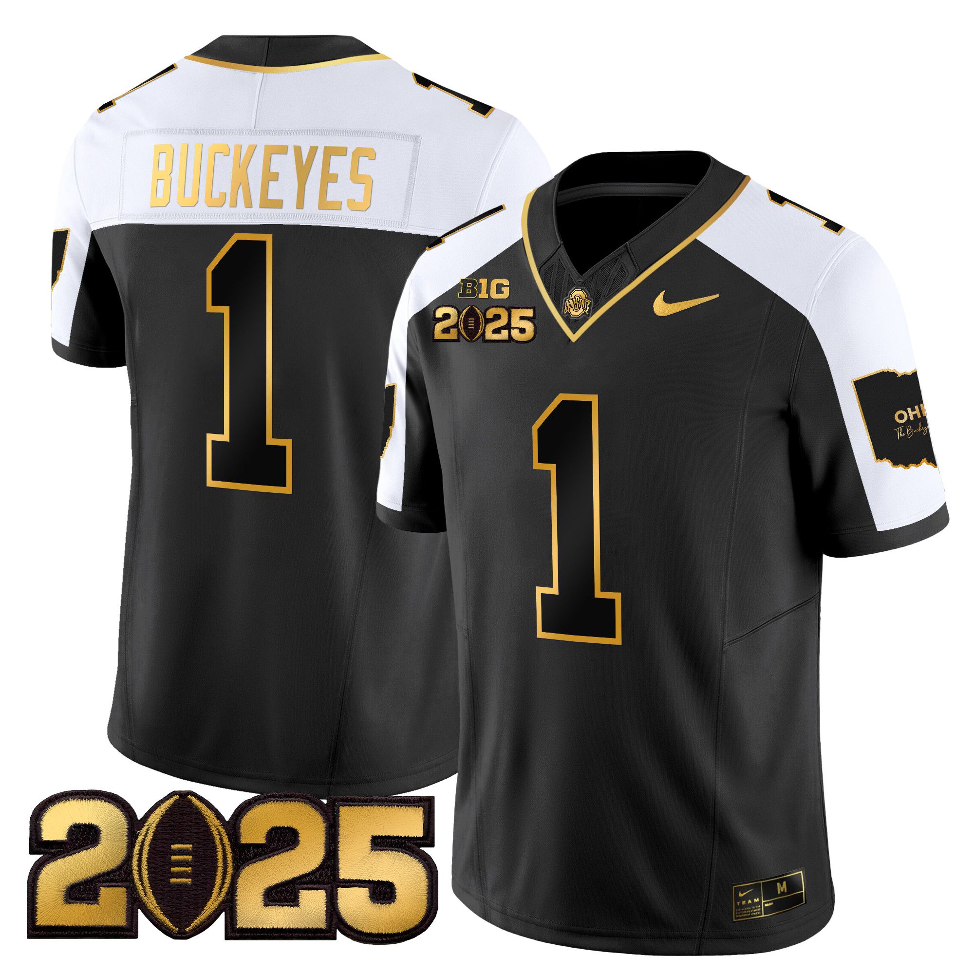 Men Ohio State Buckeyes #1 Buckeyes Black 2025 CFP Final Patch Gold Vapor Limited NCAA Jersey